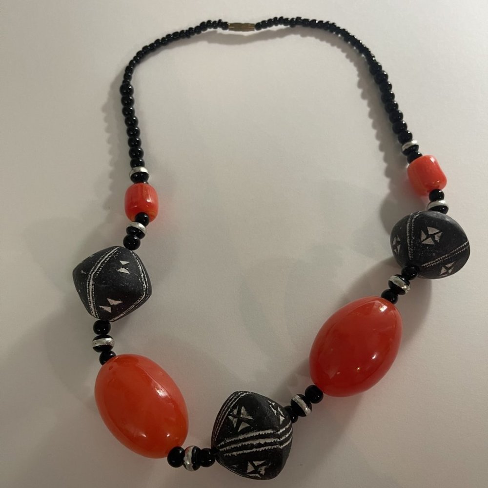 Bold orange and stone necklace, pre-owned, 20 inches long